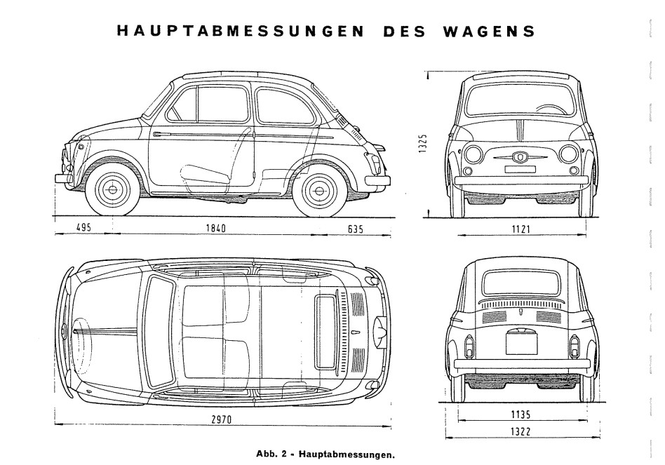 Technische Illustration der Abmessungen des Fiat 500 F